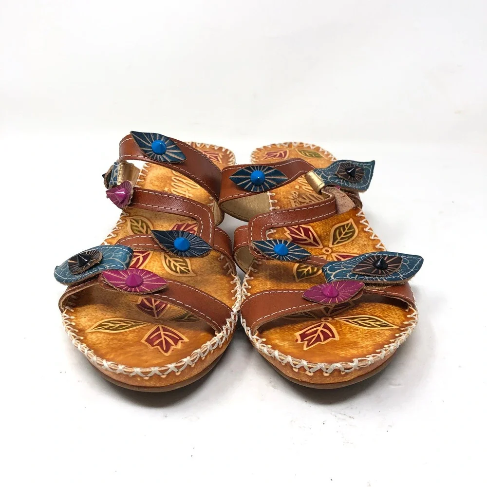 Elite by Corkys Womens 7 Anna Wedge Sandals Brown Floral Tooled Leather Boho